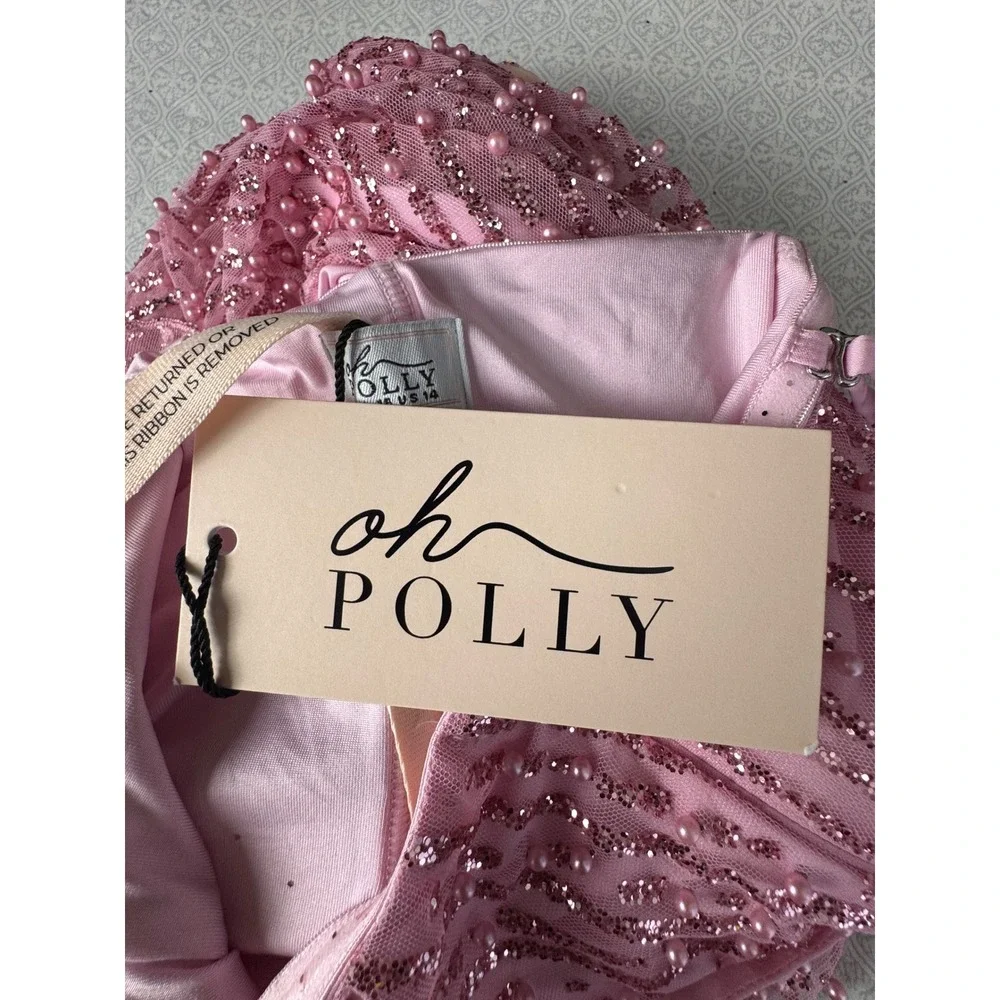 Oh Polly Pink Beaded Sequin Mini Dress Strapless Corset Pearl Embellished US 14 - Picture 8 of 9